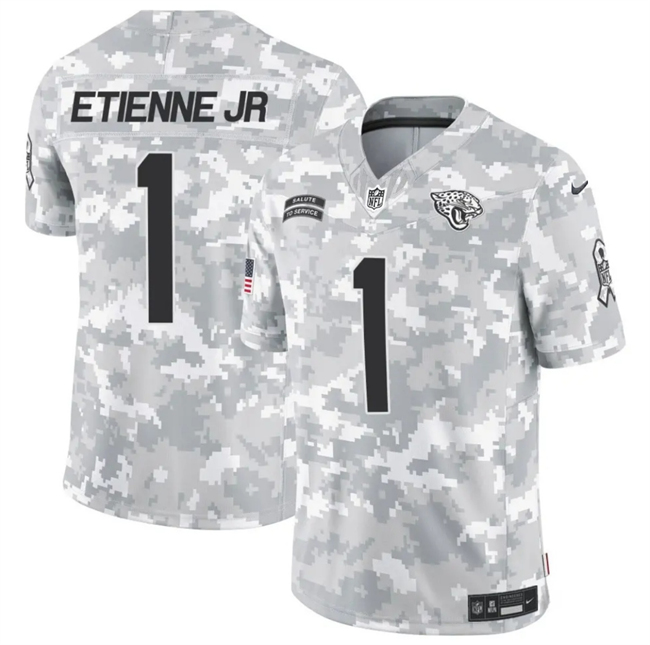 Men's Jacksonville Jaguars #1 Travis Etienne Jr. Arctic Camo 2024 F.U.S.E. Salute to Service Limited Football Stitched Jersey